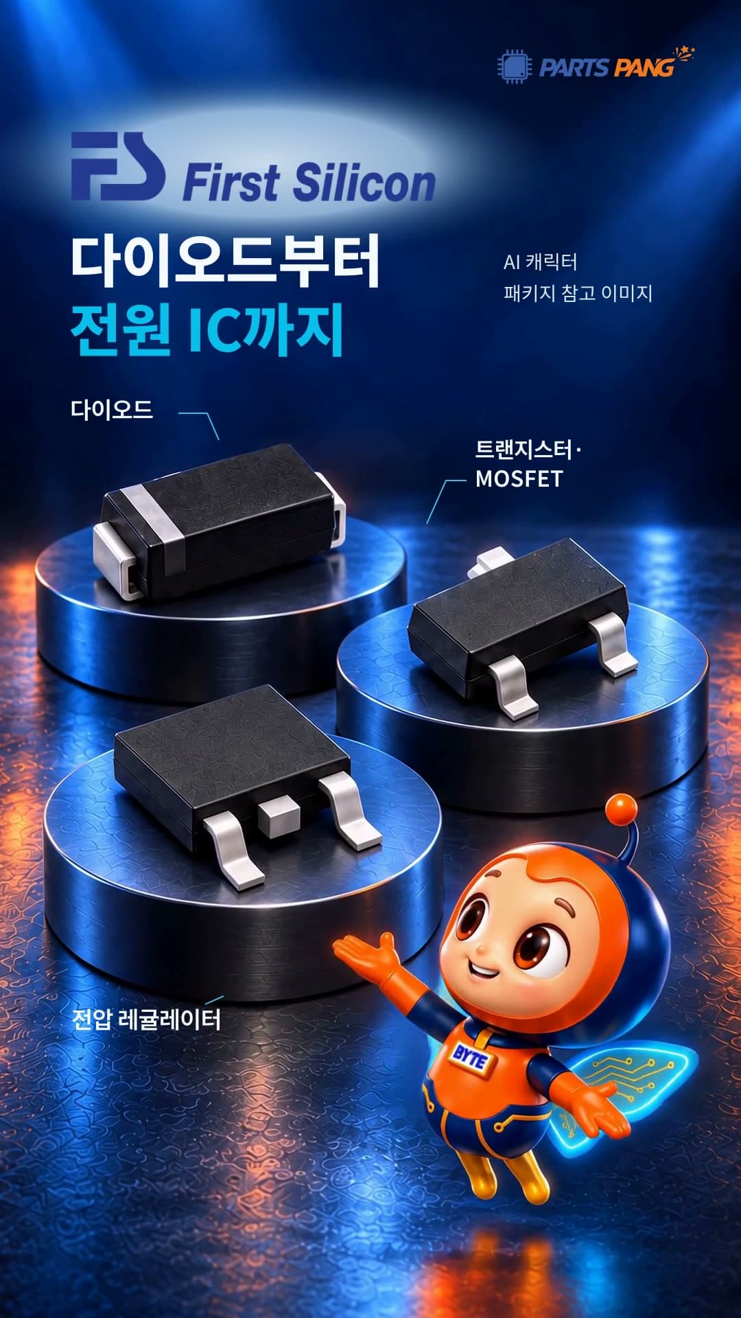 팡이가 퍼스트실리콘의 다이오드·트랜지스터·MOSFET·전압 레귤레이터를 소개하는 쇼츠 장면